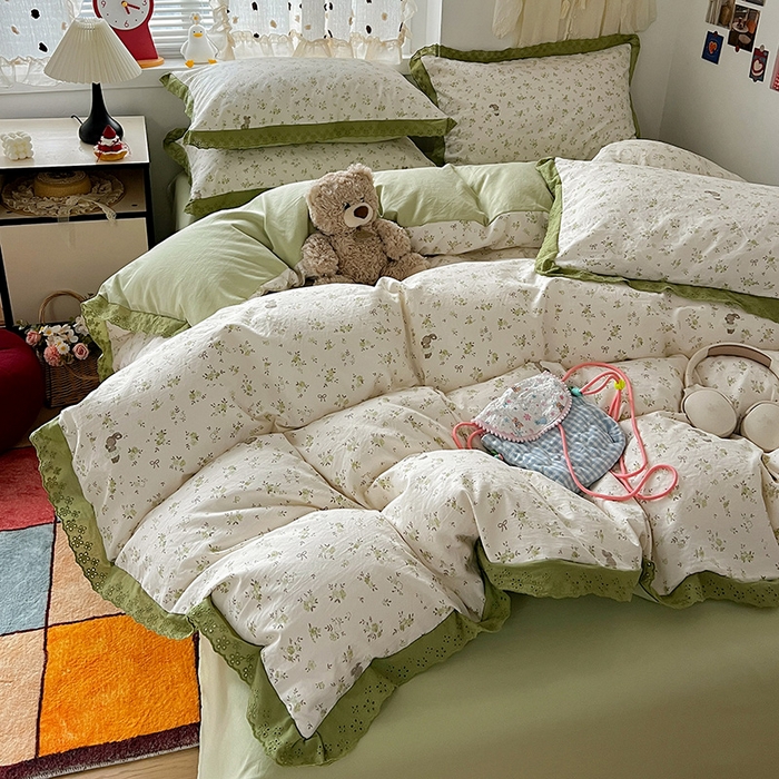 91家纺网 家纺一手货源 找家纺 逸林家纺《原希尔顿逸林》 2026新款春款古法水洗棉法式全棉花边四件套森系花边款四件套 叶初开