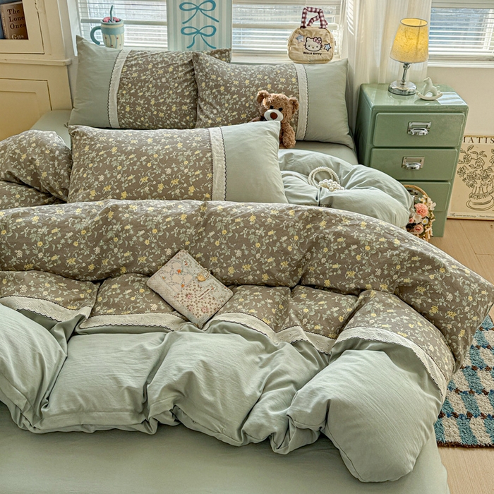 91家纺网 家纺一手货源 找家纺 （总）逸林家纺《原希尔顿逸林》 2026新款春款古法水洗棉法式立体全棉花边拼接款四件套学生三件套单品被套枕套