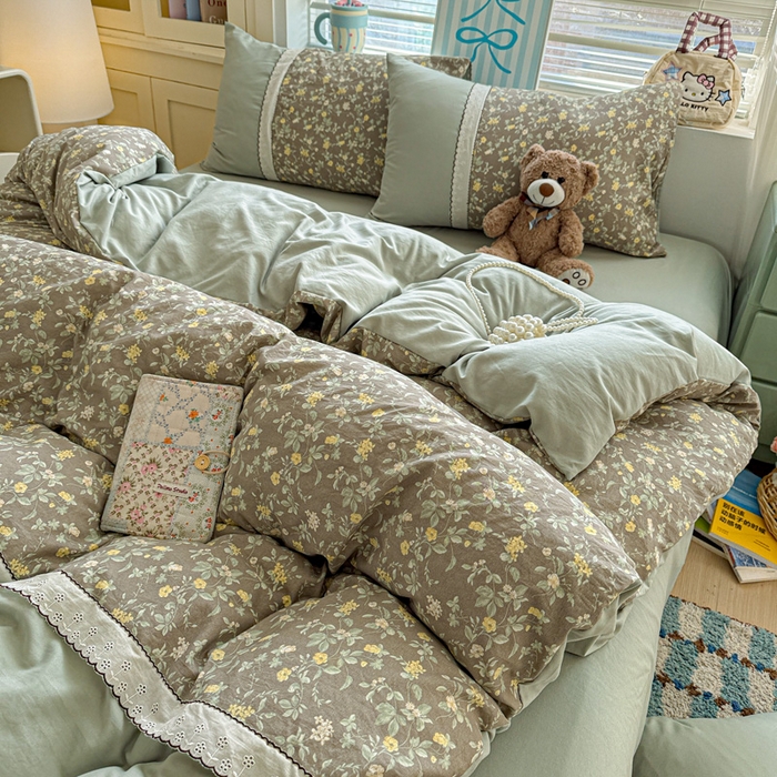 91家纺网 家纺一手货源 找家纺 （总）逸林家纺《原希尔顿逸林》 2026新款春款古法水洗棉法式立体全棉花边拼接款四件套学生三件套单品被套枕套