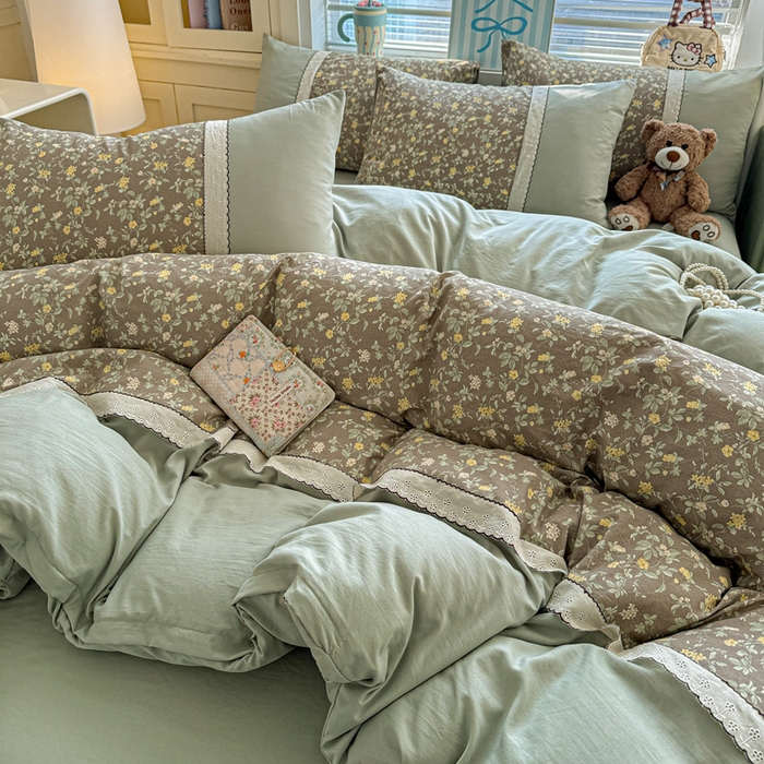 91家纺网 家纺一手货源 找家纺 （总）逸林家纺《原希尔顿逸林》 2026新款春款古法水洗棉法式立体全棉花边拼接款四件套学生三件套单品被套枕套