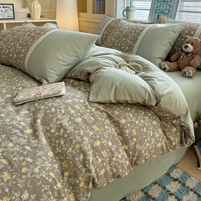 91家纺网 家纺一手货源 找家纺 （总）逸林家纺《原希尔顿逸林》 2026新款春款古法水洗棉法式立体全棉花边拼接款四件套学生三件套单品被套枕套