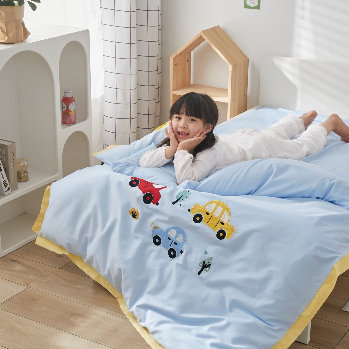 91家纺网 家纺一手货源 找家纺 荷马之梦 2026新款A类60s长绒棉绣花幼儿园套件-萌享系列 萌小车-蓝