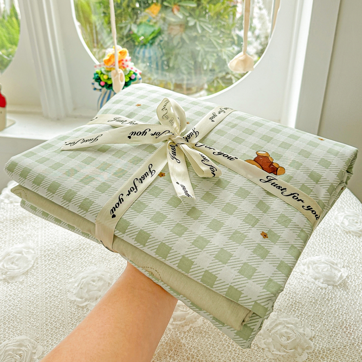 91家纺网 家纺一手货源 找家纺 佳汐蓝家纺 2026新款全棉纯棉加厚13376印花四件套 绿格小熊