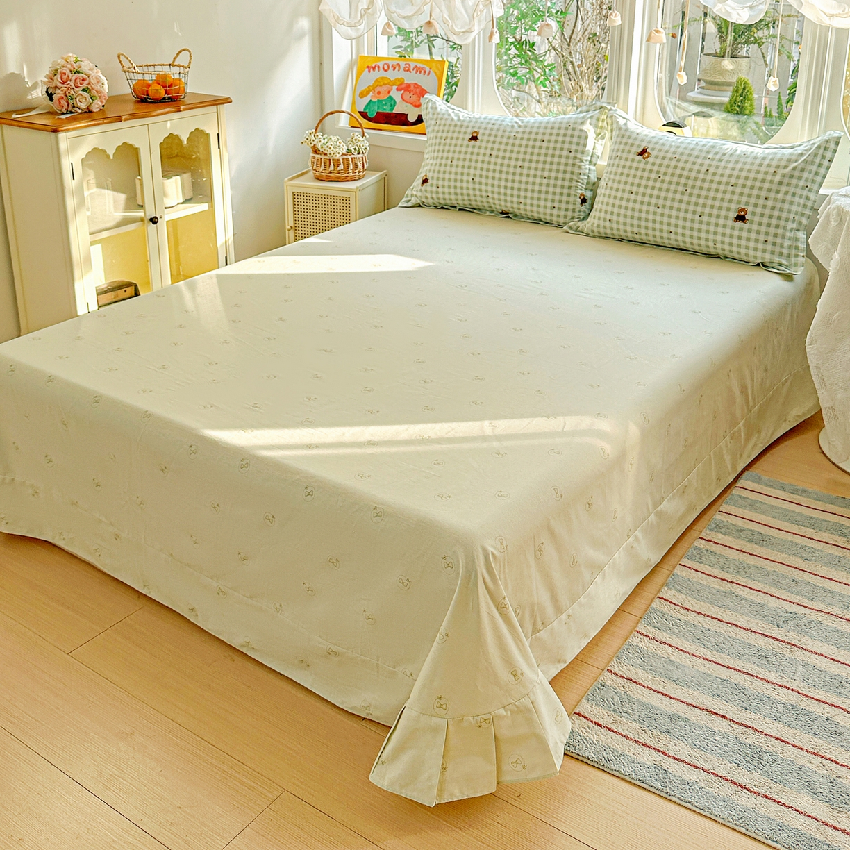 91家纺网 家纺一手货源 找家纺 佳汐蓝家纺 2026新款全棉纯棉加厚13376印花四件套 绿格小熊