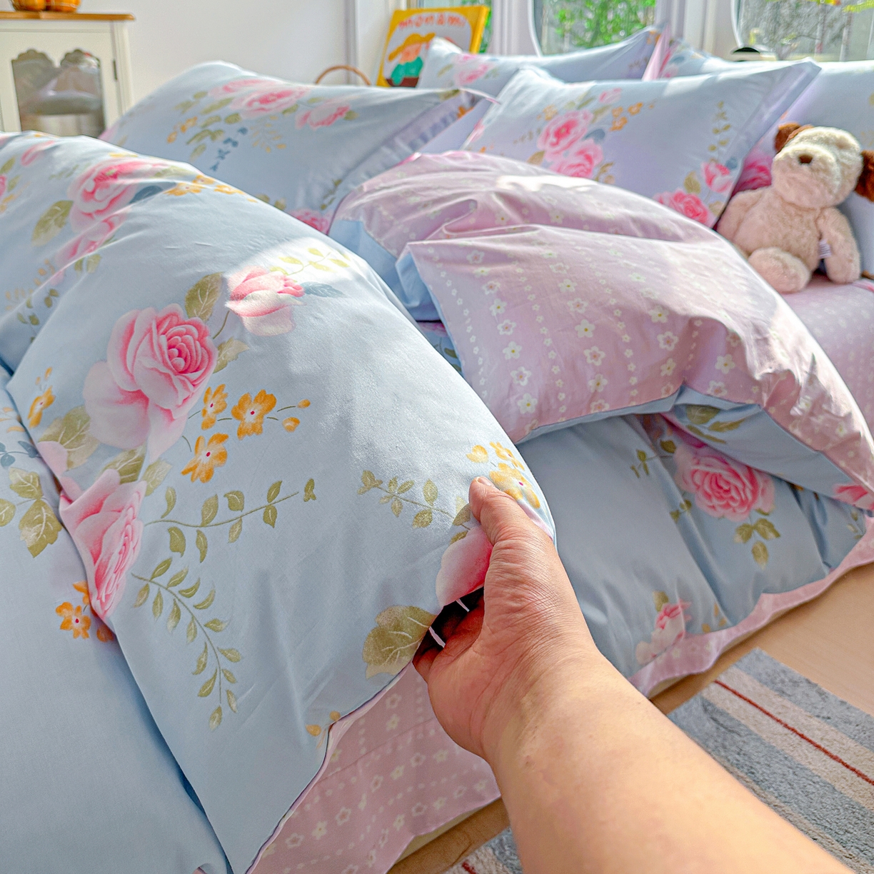 91家纺网 家纺一手货源 找家纺 佳汐蓝家纺 2026新款全棉纯棉加厚13376印花四件套 暮色蔷薇