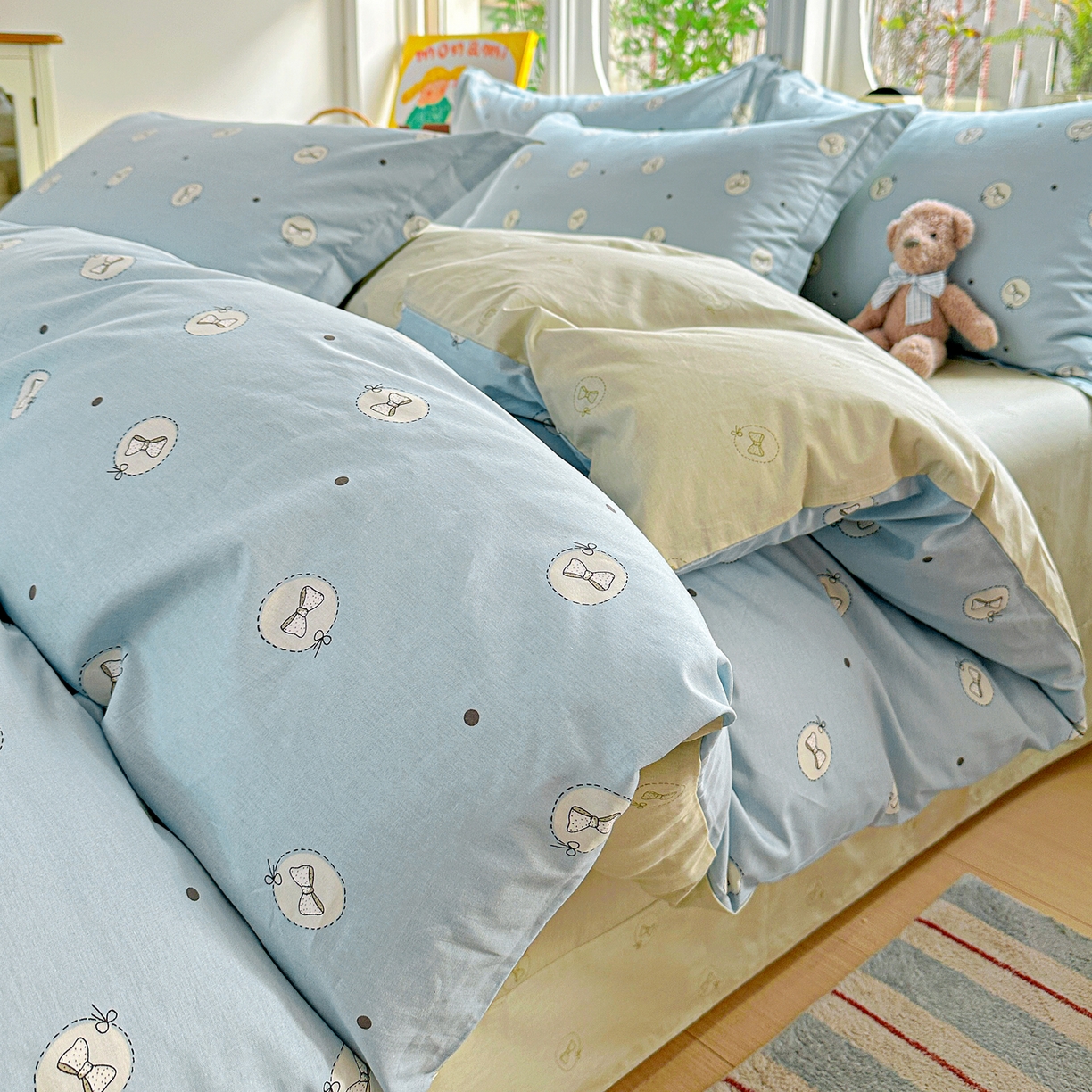 91家纺网 家纺一手货源 找家纺 佳汐蓝家纺 2026新款全棉纯棉加厚13376印花四件套 奶油蝴蝶结