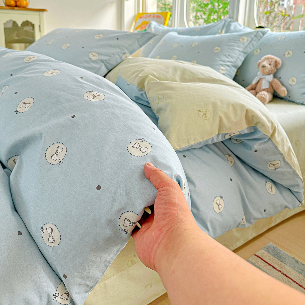 91家纺网 家纺一手货源 找家纺 佳汐蓝家纺 2026新款全棉纯棉加厚13376印花四件套 奶油蝴蝶结