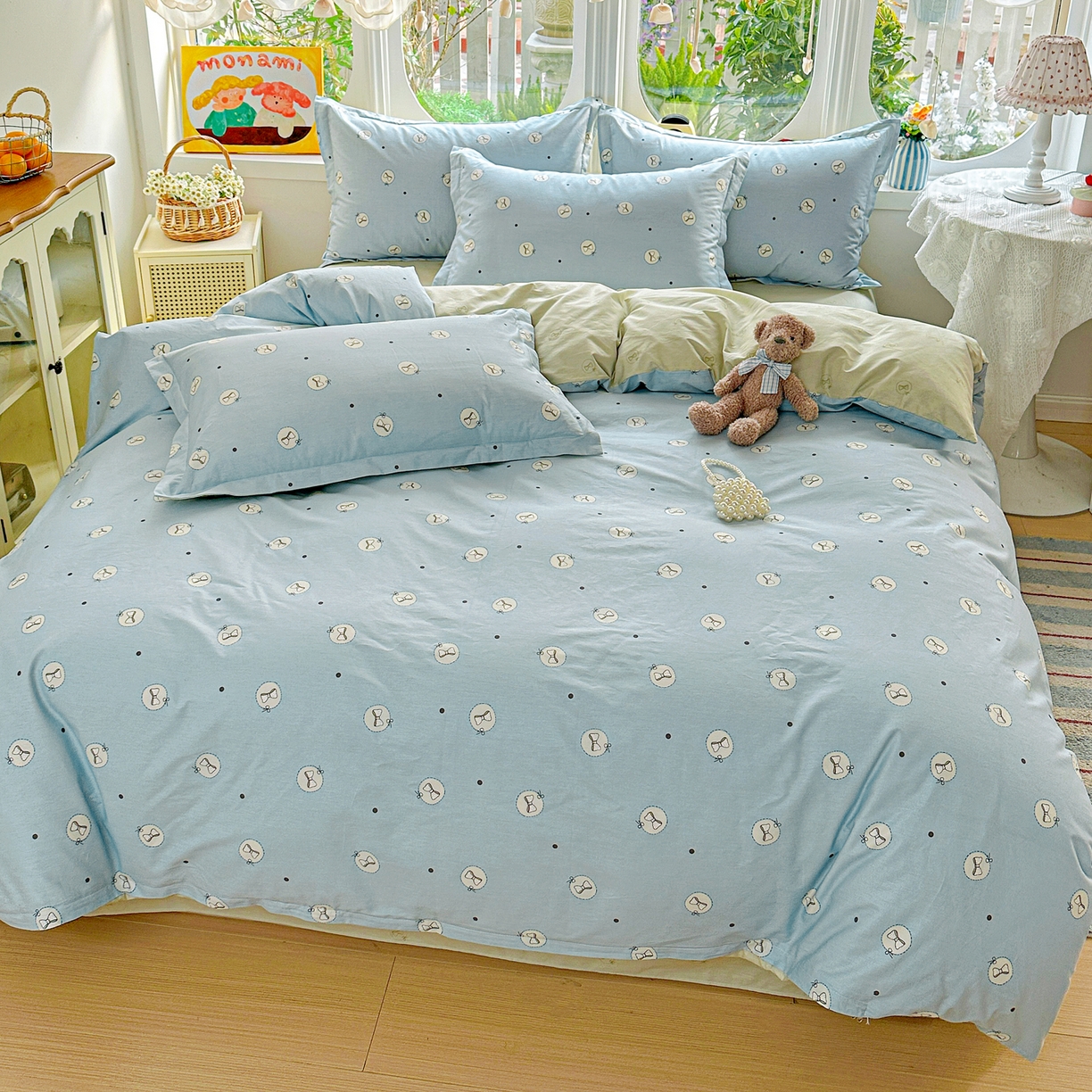 91家纺网 家纺一手货源 找家纺 佳汐蓝家纺 2026新款全棉纯棉加厚13376印花四件套 奶油蝴蝶结