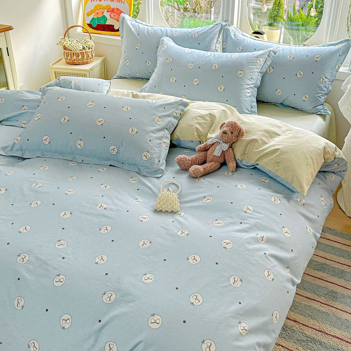 91家纺网 家纺一手货源 找家纺 佳汐蓝家纺 2026新款全棉纯棉加厚13376印花四件套 奶油蝴蝶结