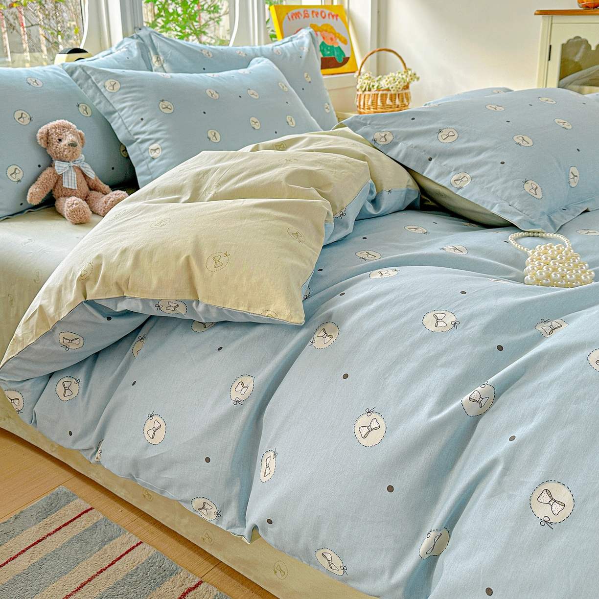 91家纺网 家纺一手货源 找家纺 佳汐蓝家纺 2026新款全棉纯棉加厚13376印花四件套 奶油蝴蝶结