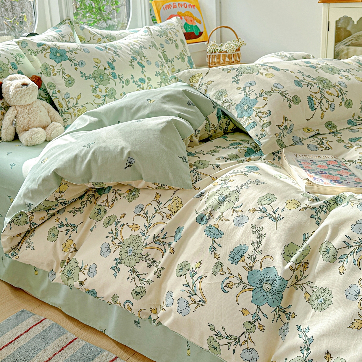 91家纺网 家纺一手货源 找家纺 佳汐蓝家纺 2026新款全棉纯棉加厚13376印花四件套 浅影落香