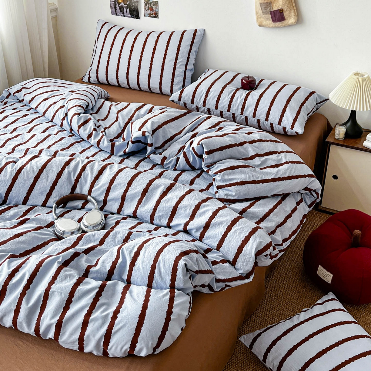 91家纺网 家纺一手货源 找家纺 （总）逸林家纺《原希尔顿逸林》 2026新款简约印花古法水洗棉三件套拼色床单款学生三件套条纹被套单品三件套