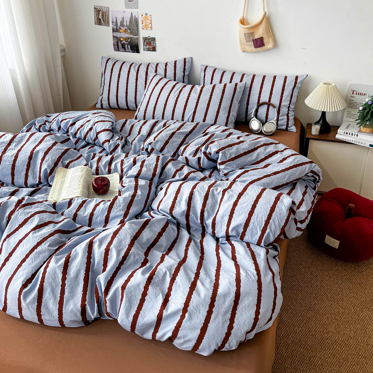 91家纺网 家纺一手货源 找家纺 （总）逸林家纺《原希尔顿逸林》 2026新款简约印花古法水洗棉三件套拼色床单款学生三件套条纹被套单品三件套