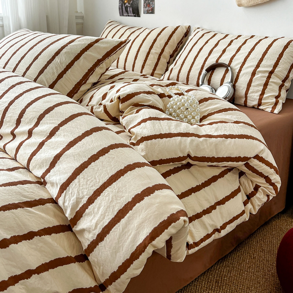 逸林家纺《原希尔顿逸林》 2026新款简约印花古法水洗棉三件套拼色床单款学生三件套条纹被套单品三件套 墨染-咖