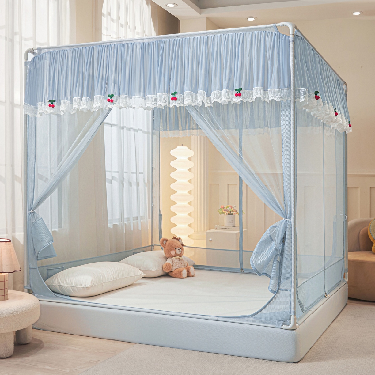 91家纺网 家纺一手货源 找家纺 （总）雪姿家纺 2026新款外穿杆三开u型门回底床笠款防摔蚊帐-星梦