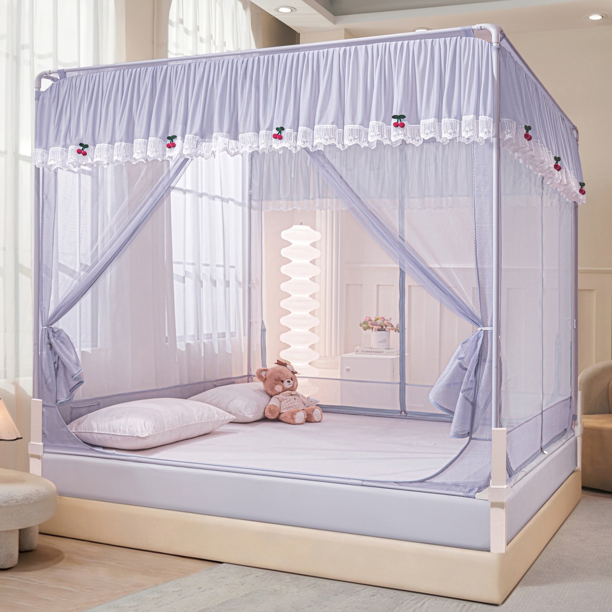 雪姿家纺 2026新款T+U型刺绣花边床笠回底款三开门外穿坐床蚊帐-坐床樱桃 刺绣花边樱桃-烟岚紫灰