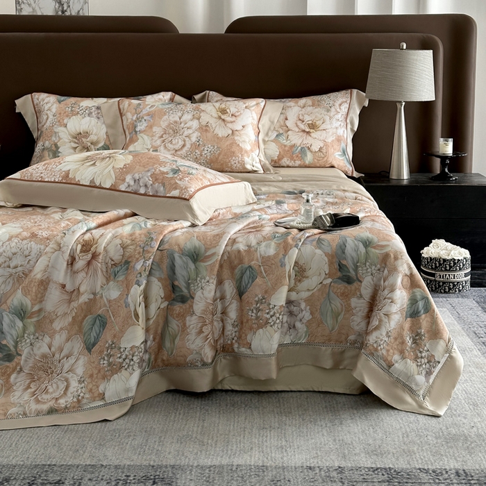 91家纺网 家纺一手货源 找家纺 娇逸家居 2026新款60s天丝数码印花夏被夏凉被空调被四件套 浮漫-橙