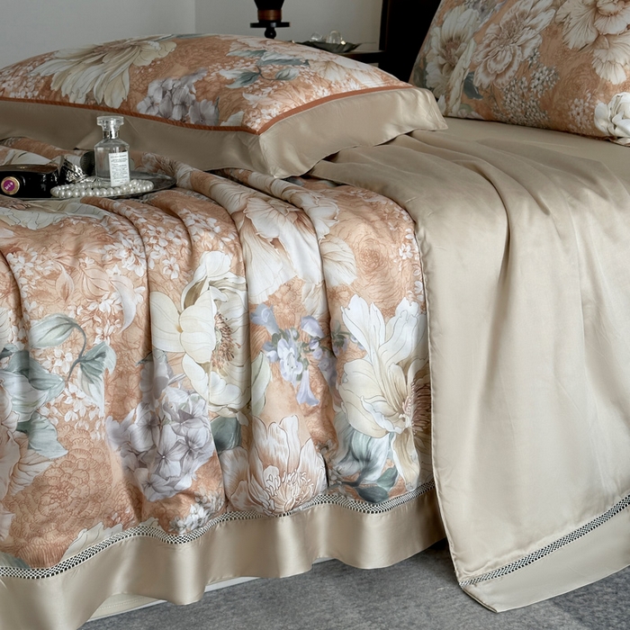 91家纺网 家纺一手货源 找家纺 娇逸家居 2026新款60s天丝数码印花夏被夏凉被空调被四件套 浮漫-橙