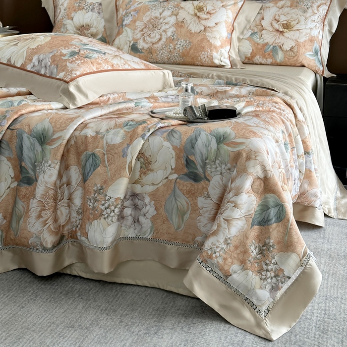 91家纺网 家纺一手货源 找家纺 娇逸家居 2026新款60s天丝数码印花夏被夏凉被空调被四件套 浮漫-橙