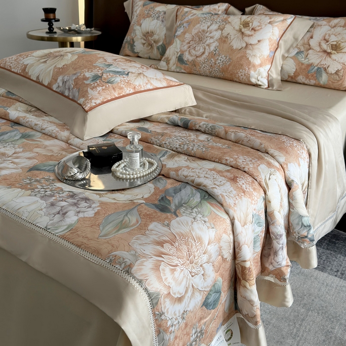 91家纺网 家纺一手货源 找家纺 娇逸家居 2026新款60s天丝数码印花夏被夏凉被空调被四件套 浮漫-橙