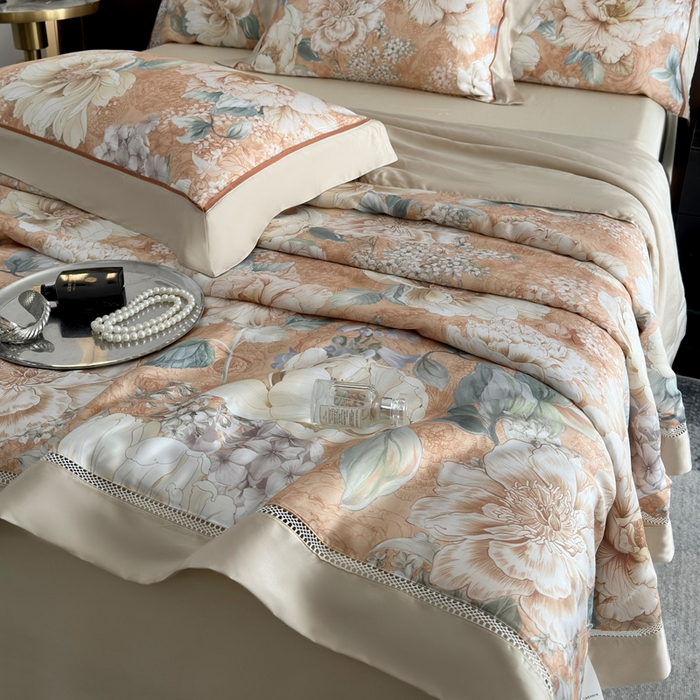 91家纺网 家纺一手货源 找家纺 娇逸家居 2026新款60s天丝数码印花夏被夏凉被空调被四件套 浮漫-橙