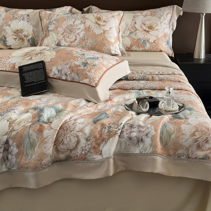 91家纺网 家纺一手货源 找家纺 娇逸家居 2026新款60s天丝数码印花夏被夏凉被空调被四件套 浮漫-橙