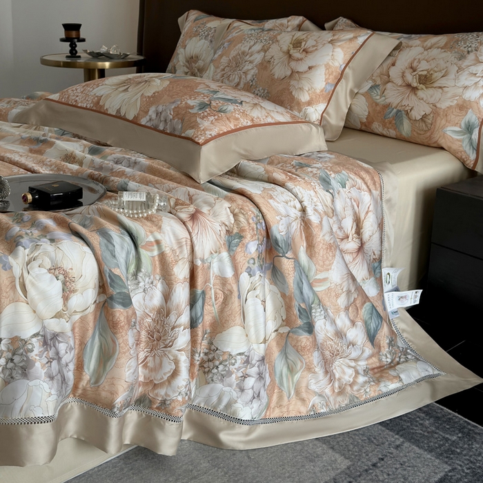 91家纺网 家纺一手货源 找家纺 娇逸家居 2026新款60s天丝数码印花夏被夏凉被空调被四件套 浮漫-橙