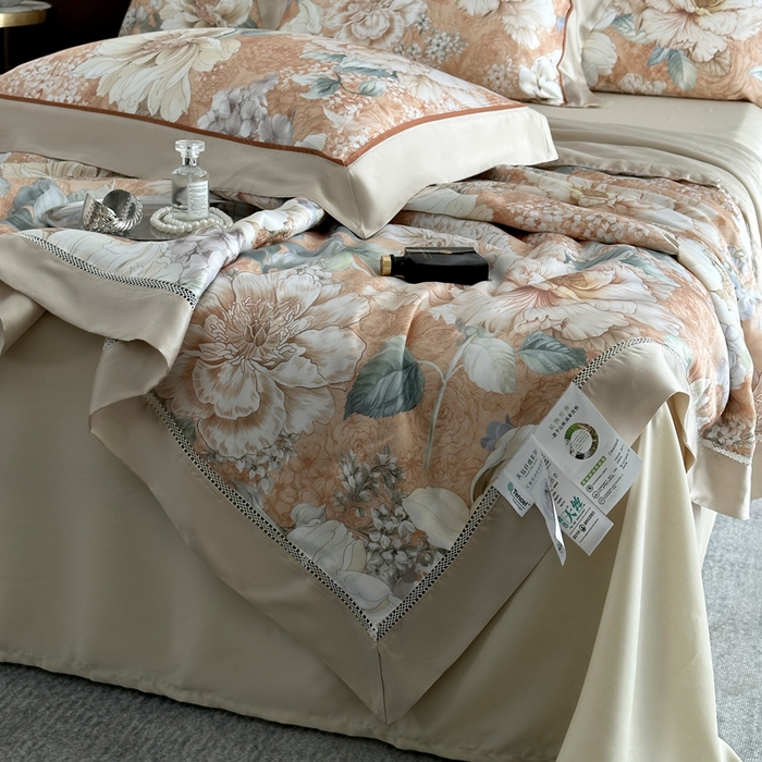 91家纺网 家纺一手货源 找家纺 娇逸家居 2026新款60s天丝数码印花夏被夏凉被空调被四件套 浮漫-橙