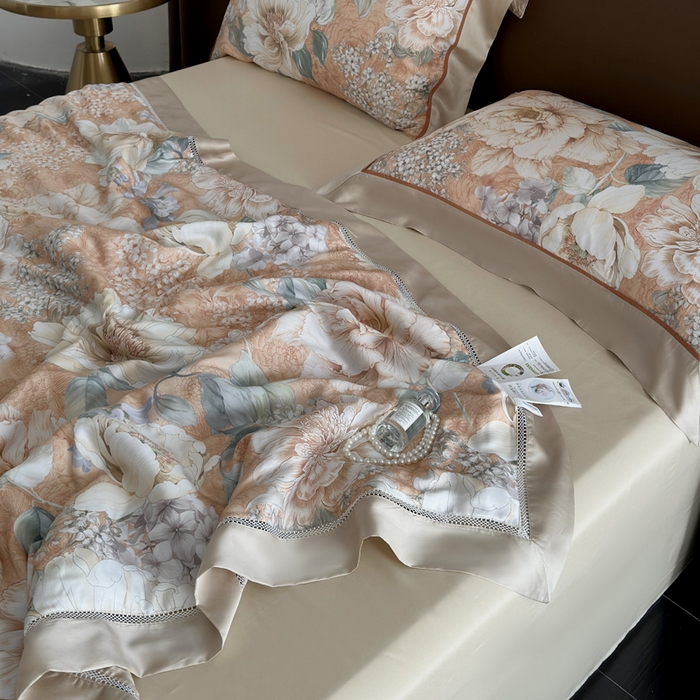 91家纺网 家纺一手货源 找家纺 娇逸家居 2026新款60s天丝数码印花夏被夏凉被空调被四件套 浮漫-橙