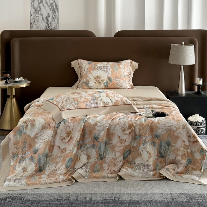 91家纺网 家纺一手货源 找家纺 娇逸家居 2026新款60s天丝数码印花夏被夏凉被空调被四件套 浮漫-橙