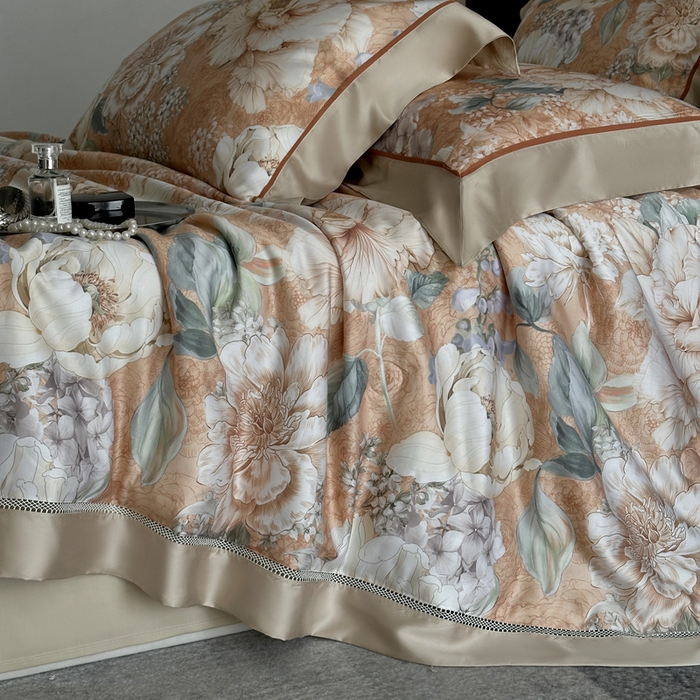 91家纺网 家纺一手货源 找家纺 娇逸家居 2026新款60s天丝数码印花夏被夏凉被空调被四件套 浮漫-橙