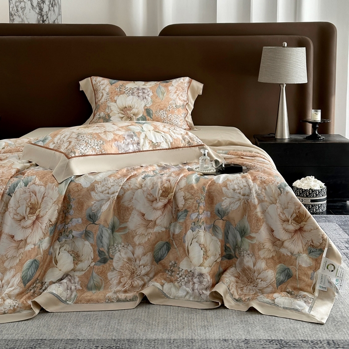 91家纺网 家纺一手货源 找家纺 娇逸家居 2026新款60s天丝数码印花夏被夏凉被空调被四件套 浮漫-橙