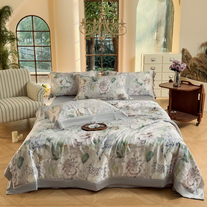 91家纺网 家纺一手货源 找家纺 娇逸家居 2026新款60s天丝数码印花夏被夏凉被空调被四件套 浮漫-灰