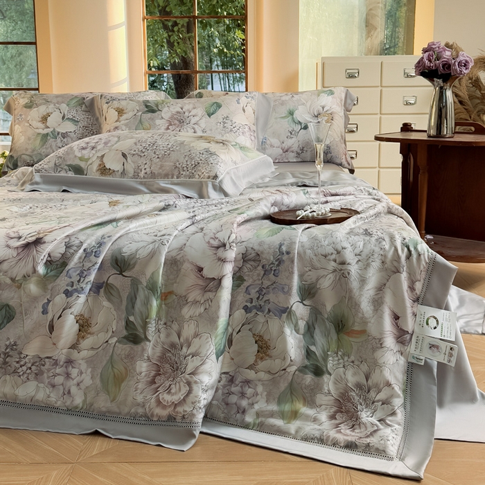 91家纺网 家纺一手货源 找家纺 娇逸家居 2026新款60s天丝数码印花夏被夏凉被空调被四件套 浮漫-灰