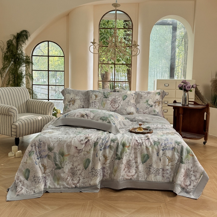 91家纺网 家纺一手货源 找家纺 娇逸家居 2026新款60s天丝数码印花夏被夏凉被空调被四件套 浮漫-灰