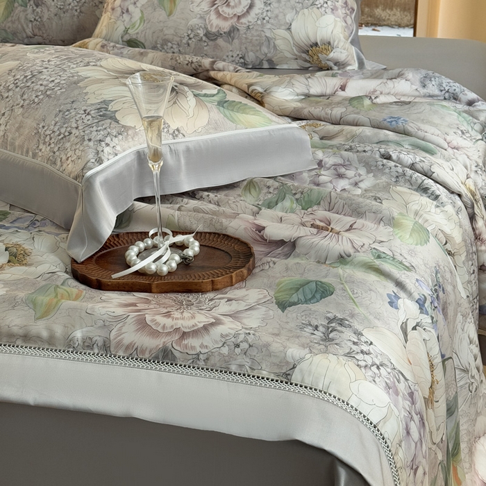 91家纺网 家纺一手货源 找家纺 娇逸家居 2026新款60s天丝数码印花夏被夏凉被空调被四件套 浮漫-灰