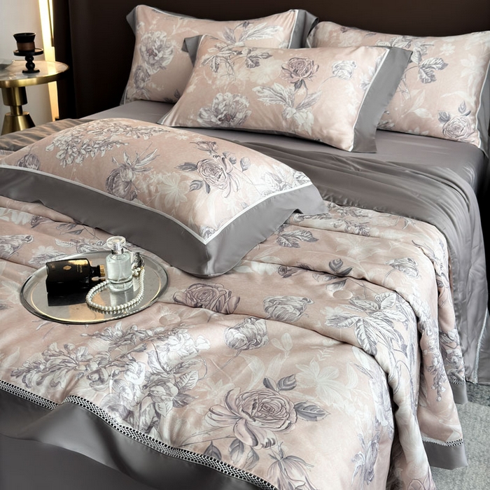 91家纺网 家纺一手货源 找家纺 娇逸家居 2026新款60s天丝数码印花夏被夏凉被空调被四件套 观澜-粉