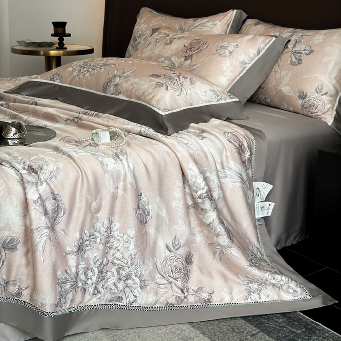 91家纺网 家纺一手货源 找家纺 娇逸家居 2026新款60s天丝数码印花夏被夏凉被空调被四件套 观澜-粉