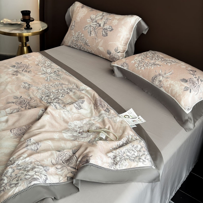 91家纺网 家纺一手货源 找家纺 娇逸家居 2026新款60s天丝数码印花夏被夏凉被空调被四件套 观澜-粉