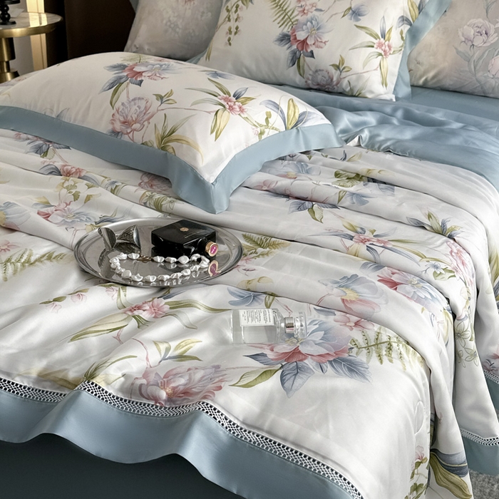 91家纺网 家纺一手货源 找家纺 娇逸家居 2026新款60s天丝数码印花夏被夏凉被空调被四件套 乐滢