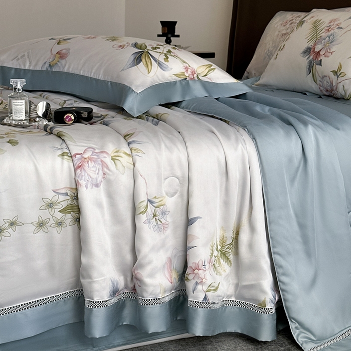91家纺网 家纺一手货源 找家纺 娇逸家居 2026新款60s天丝数码印花夏被夏凉被空调被四件套 乐滢