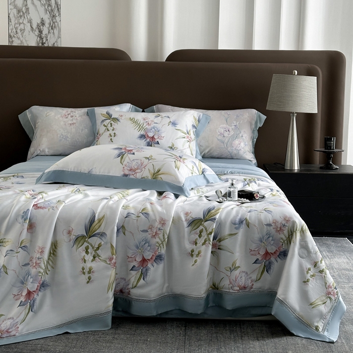 91家纺网 家纺一手货源 找家纺 娇逸家居 2026新款60s天丝数码印花夏被夏凉被空调被四件套 乐滢