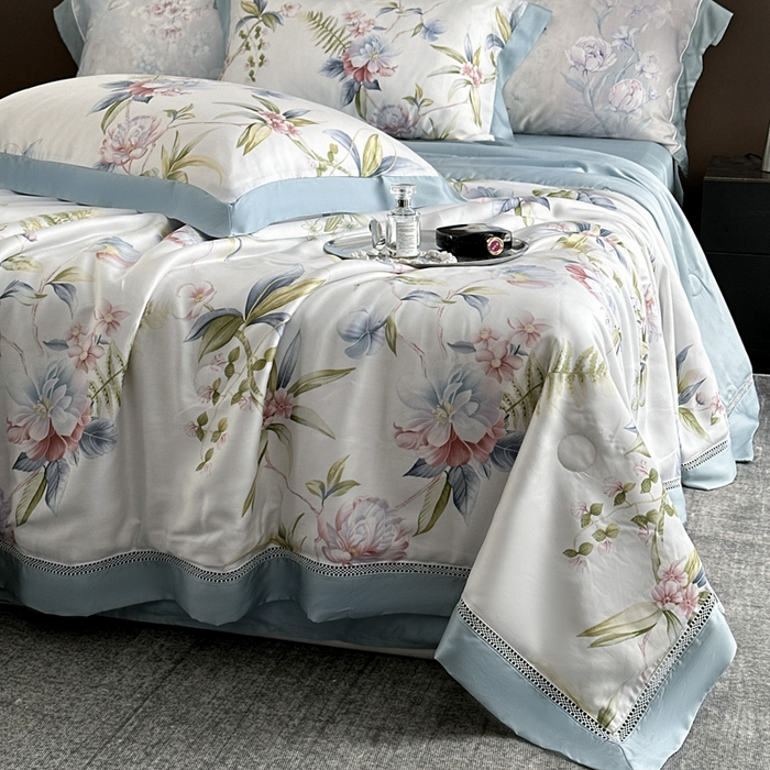 91家纺网 家纺一手货源 找家纺 娇逸家居 2026新款60s天丝数码印花夏被夏凉被空调被四件套 乐滢