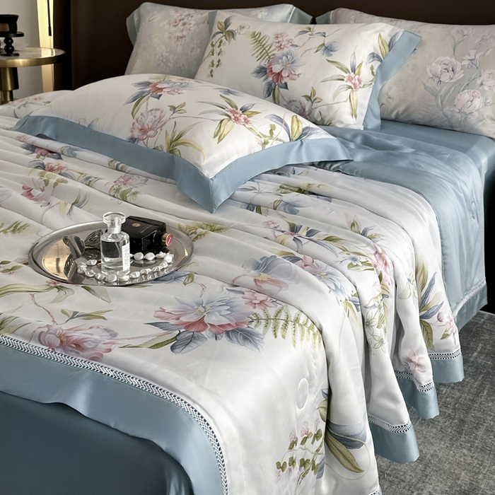 91家纺网 家纺一手货源 找家纺 娇逸家居 2026新款60s天丝数码印花夏被夏凉被空调被四件套 乐滢