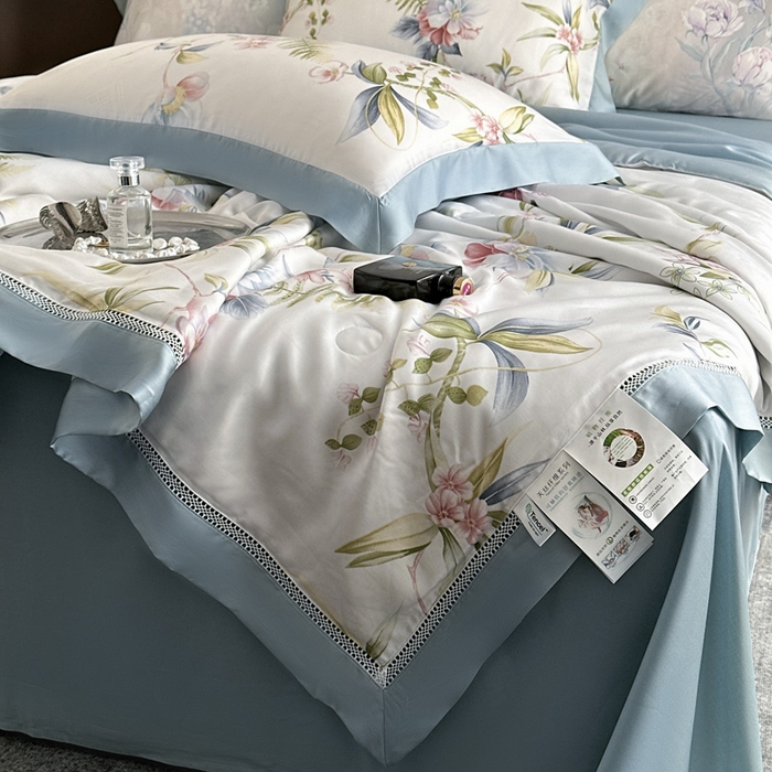 91家纺网 家纺一手货源 找家纺 娇逸家居 2026新款60s天丝数码印花夏被夏凉被空调被四件套 乐滢