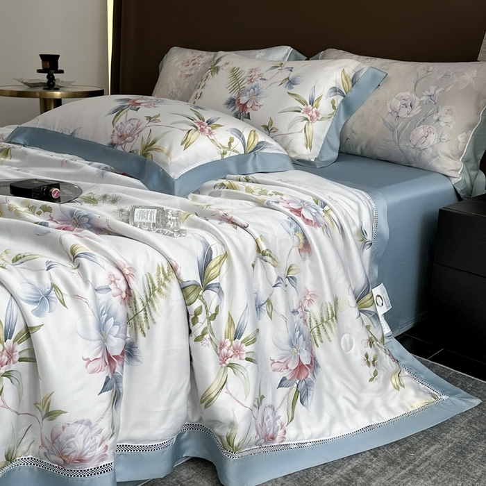 91家纺网 家纺一手货源 找家纺 娇逸家居 2026新款60s天丝数码印花夏被夏凉被空调被四件套 乐滢