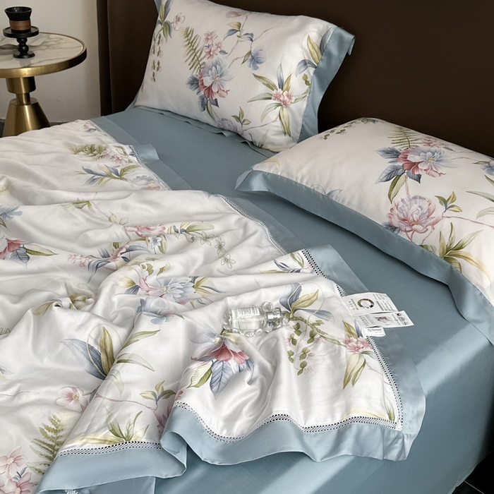 91家纺网 家纺一手货源 找家纺 娇逸家居 2026新款60s天丝数码印花夏被夏凉被空调被四件套 乐滢