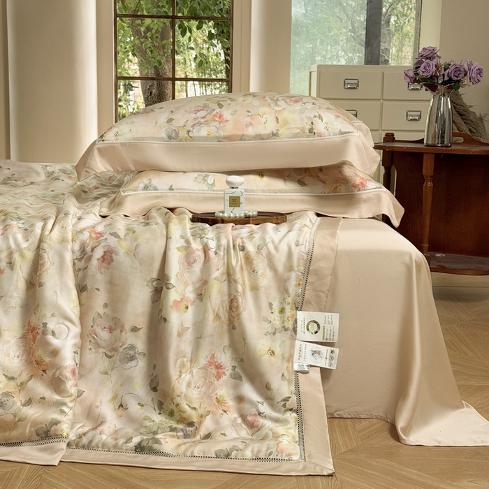 91家纺网 家纺一手货源 找家纺 娇逸家居 2026新款60s天丝数码印花夏被夏凉被空调被四件套 洛神