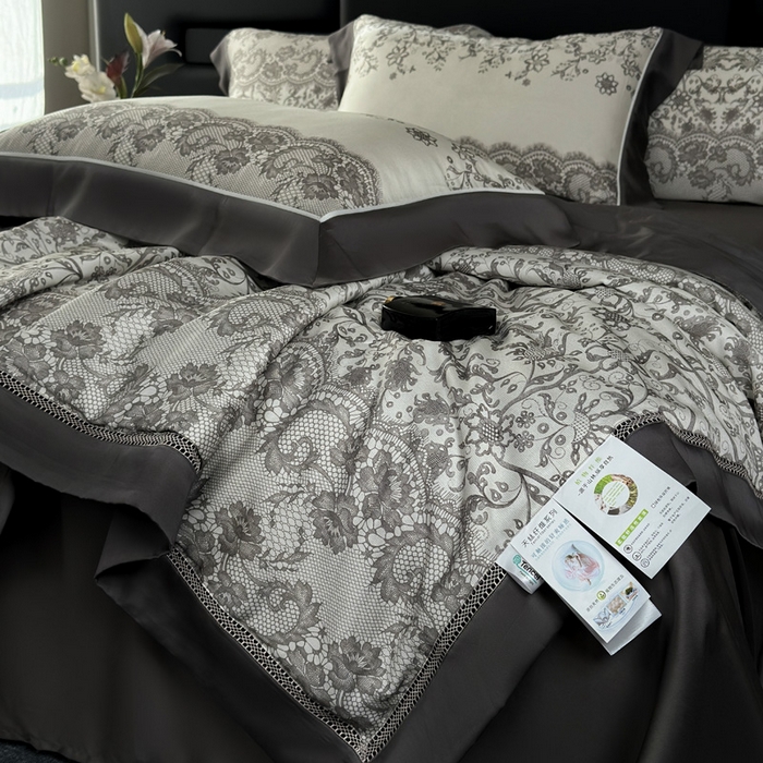91家纺网 家纺一手货源 找家纺 娇逸家居 2026新款60s天丝数码印花夏被夏凉被空调被四件套 迷颖-咖