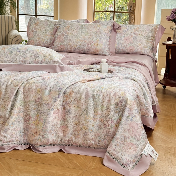 91家纺网 家纺一手货源 找家纺 娇逸家居 2026新款60s天丝数码印花夏被夏凉被空调被四件套 妙颜-粉